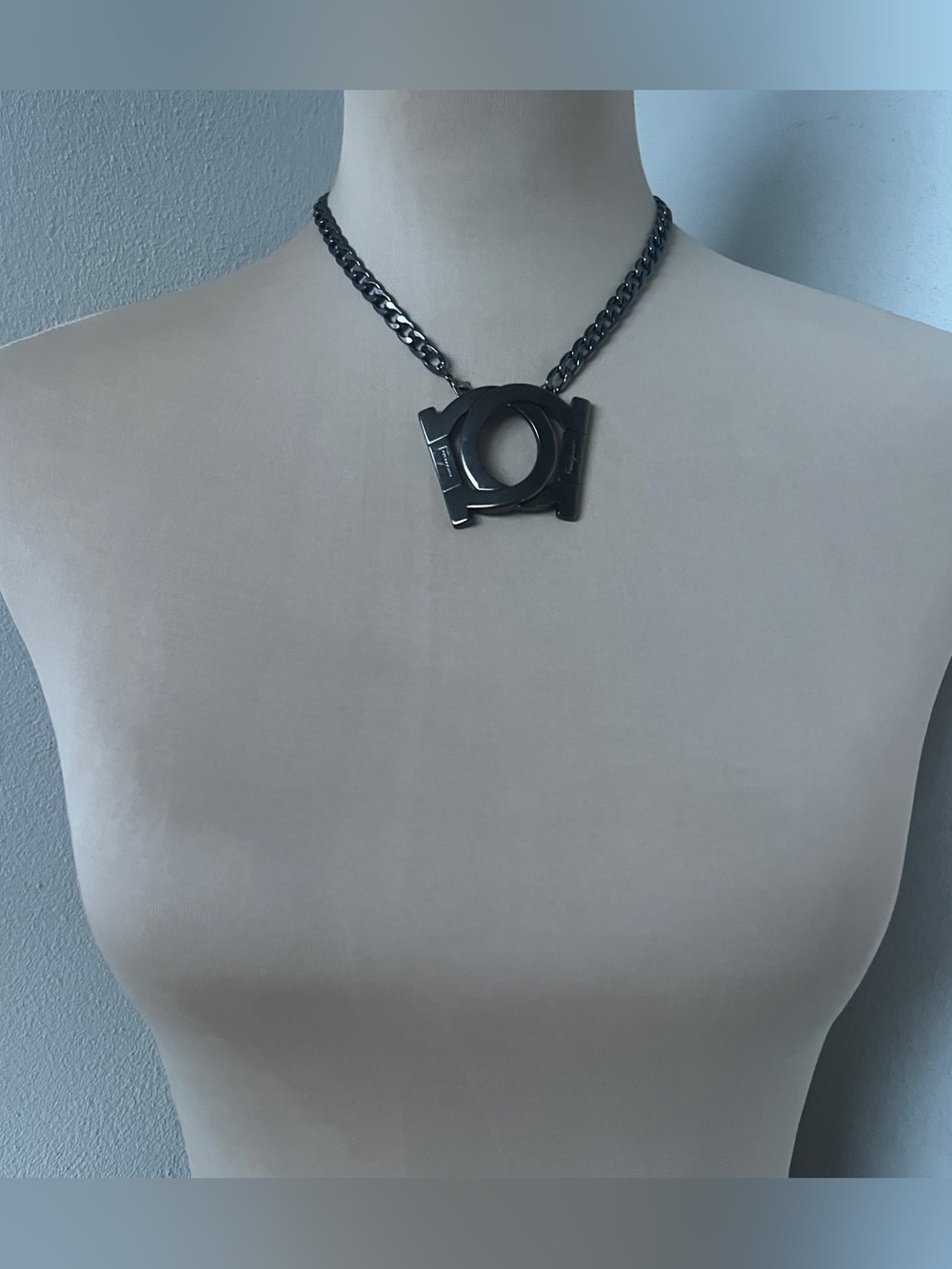 Custom Ferragamo Gunmetal Double Gancini Statement Necklace 17” - Picture 4 of 10